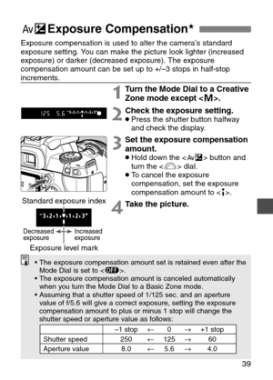 Page 39
39
∑Exposure Compensation★
Exposure compensation is used to alter the camera’s standard
exposure setting. You can make the picture look lighter (increased
exposure) or darker (decreased exposure). The exposure
compensation amount can be set up to +/–3 stops in half-stop
increments.

1T urn the Mode Dial to a Creative
Zone mode except < W>.
2Check the exposure setting.•Press the shutter button halfway
and check the display.
3Set the exposure compensation
amount.
•Hold down the < ∑> button and
turn the <...