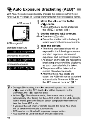 Page 40
40
LAuto Exposure Bracketing (AEB)★
With AEB, the camera automatically changes the exposure within the set
range (up to  +
/–3 stops in 1/2-stop increments) for three successive frames. 
1Move the < >> arrow to the
< L > icon.
•Look at the LCD panel and press
the < \ > button. ( ∫)

2Set the desired AEB amount.•Turn the < l> dial.•Press the shutter button halfway to
return to normal camera operation.
AEB amount
AEB range
3Take the picture.sThe three bracketed shots will be
exposed in the following...