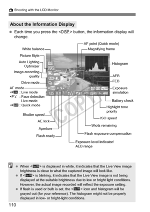 Page 110110
A Shooting with the LCD Monitor
 Each time you press the  button, the information display will 
change.
About the Information Display
Magnifying frame
ISO speed
Exposure leve l indicator/
AEB range
Aperture
Shutter speed
Picture Style
Battery checkExposure
simulation
Image-recording
qualityWhite balance
Flash exposure compensation
AF point (Quick mode)AEB
FEB
Highlight tone 
priority
Histogram
Drive mode
AE lock
Flash-ready
Auto LightingOptimizer
AF mode
• d : Live mode
• c : Face detection 
Live...