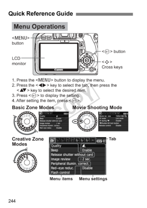 Page 244244
Quick Reference Guide
 
button
LCD 
monitor  
Cross keys  button
Creative Zone  
Modes
Basic Zone Modes Movie Shooting Mode
Menu Operations
Ta b
Menu settings
Menu items
1. Press the  button to display the menu.
2. Press the  key to select the tab, then press the 
 key to select the desired item.
3. Press  to display the setting.
4. After setting the item, press .
COPY  