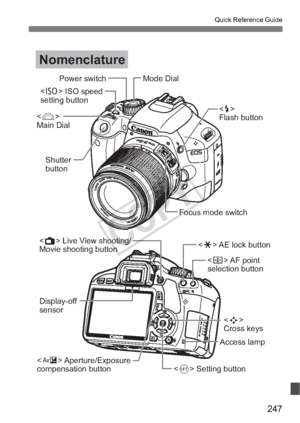 Page 247247
Quick Reference Guide
Access lamp
 Aperture/Exposure
compensation button Display-off
sensor Live View shooting/ 
Movie shooting button
 AF  point
selection button
 AE  lock  button
 Setting button   
Cross keys
Nomenclature
Focus mode switch
Shutter  
button
 ISO speed
setting button
Mode Dial
Power switch

Flash button
  
Main Dial
COPY  