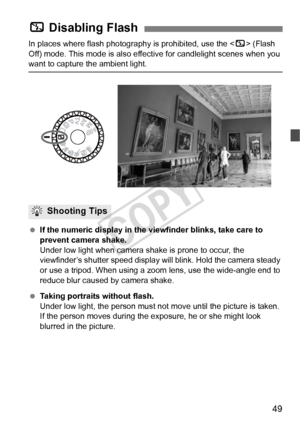 Page 4949
In places where flash photography is prohibited, use the  (Flash 
Off) mode. This mode is also effe ctive for candlelight scenes when you 
want to capture the ambient light.
 If the numeric display in the vi ewfinder blinks, take care to 
prevent camera shake.
Under low light when camera shake is prone to occur, the 
viewfinder’s shutter speed display will blink. Hold the camera steady 
or use a tripod. When using a zoom  lens, use the wide-angle end to 
reduce blur caused by camera shake.
  Taking...