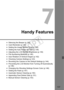 Page 137137
Handy Features
 Silencing the Beeper (p.138)
  Card Reminder (p.138)
  Setting the Image Review Time (p.138)
  Setting the Auto Power-off Time (p.139)
  Adjusting the LCD Monitor Brightness (p.139)
  File Numbering Methods (p.140)
  Auto Rotation of Vertical Images (p.142)
  Checking Camera Settings (p.143)
  Reverting the Camera to the Default Settings (p.144)
  Preventing the LCD Monitor from Turning off Automatically 
(p.146)
  Changing the Shooting Setti ngs Screen Color (p.146)
  Setting the...