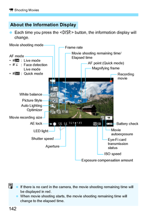 Page 142k Shooting Movies
142
 Each time you press the  button, the information display will 
change.
About the Information Display
Movie shooting remaining time/
Elapsed time
Recording 
movie
Magnifying frame
AF point (Quick mode)
Movie 
autoexposure
ISO speed
Exposure compensation amount
Aperture
AE lock
White balance
Movie recording size
Auto Lighting Optimizer
LED light
Picture Style
AF mode
•
d : Live mode
• c : Face detection 
Live mode
• f : Quick mode
Battery chec
k
Frame rateMovie shooting mode
Eye-Fi...