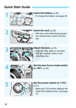 Page 1616
Quick Start Guide
1
Insert the battery. (p.28)
  To charge the battery, see page 26.
2
Insert the card. (p.28)
  With the card’s label facing toward 
the camera back, insert it into the 
slot.
3
Attach the lens. (p.35)
  Align the lens’ white or red index 
with the camera’s index in the 
matching color.
4
Set the lens focus mode switch 
to . 
(p.35)
5
Set the power switch to . 
(p.31)
 When the LCD monitor displays the 
Date/Time setting screen, see page 
33.
White index Red index
COPY  