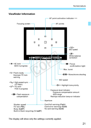 Page 2121
Nomenclature
Viewfinder Information
The display will show only the settings currently applied.
 AE lock/
AEB in-progress
 Flash-ready Improper FE lock 
warning
 High-speed sync  (FP flash)
 FE lock/ FEB in-progress
 Flash exposure 
 compensation
Shutter speed
FE lock (FEL)
Busy (buSY)
Built-in flash recycling  (D buSY)
Focusing screen
Card full warning (FuLL)
Card error warning (Card)
No card warning ( Card)
Aperture Exposure level indicator
  Exposure compensation amount
 AEB range
Red-eye reduction...