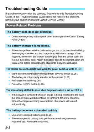 Page 242242
If a problem occurs with the camera, first refer to this Troubleshooting 
Guide. If this Troubleshooting Guide does not resolve the problem, 
contact your dealer or nearest Canon Service Center.
 Do not recharge any battery pack ot her than a genuine Canon Battery 
Pack LP-E10.
 
If there is a problem with the battery  charger, the protective circuit will stop 
the charging operation and the charge la mp will blink in orange. If this 
happens, disconnect the charger’s powe r plug from the power...