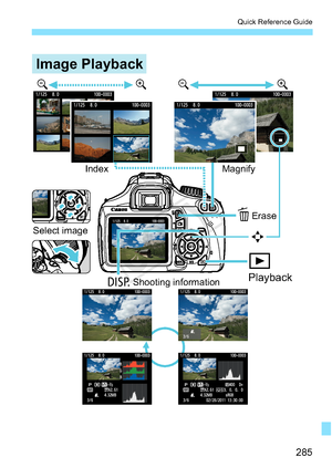 Page 285285
Quick Reference Guide
Image Playback
yuyu
Erase
Playback
x
L
S
BShooting informationMagnify
Index
Select image
COPY  