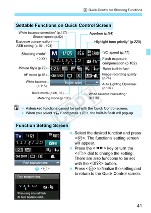 Page 4141
Q Quick Control for Shooting Functions
  Select the desired function and press 
. The function’s setting screen 
will appear.
  Press the < U> key or turn the 
< 6 > dial to change the setting. 
There are also functions to be set 
with the < B> button.
  Press < 0> to finalize the setting and 
to return to the Quick Control screen.
Settable Functions on Quick Control Screen
Function Setting Screen
Shutter speed (p.92)
Flash exposure 
compensation (p.102)
AF mode (p.81)
White balance bracketing*...