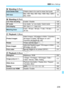 Page 235235
3 Menu Settings
y Shooting 3  (Red) Page
z Shooting 4  (Red) 
3  Playback 1  (Blue)
4  Playback 2  (Blue)
Dust Delete DataObtains data to be used to erase dust spots171
ISO AutoMax. 400 / Max. 800 / Ma x. 1600 / Max. 3200 / 
Max. 640078
Live View shooting
Enable / Disable123
AF mode
Live mode /  u Live mode / Quick mode128
Grid display
Off / Grid 1 l / Grid 2 m127
Metering timer4 sec. / 16 sec. / 30 se c. / 1 min. / 10 min. / 
30 min.127
Protect images
Select images / All images  in folder /...