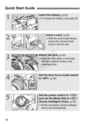 Page 1616
Quick Start Guide
1
Insert the battery. (p.28)
  To charge the battery, see page 26.
2
Insert a card. (p.29)
  With the card’s label facing 
toward the camera back, 
insert it into the slot.
3
Attach the lens. (p.36)
  Align the lens’ white or red index 
with the camera’s index in the 
matching color.
4
Set the lens focus mode switch 
to . 
(p.36)
5
Set the power switch to , 
and set the Mode Dial to < A> 
(Scene Intelligent Auto). 
(p.50)
  All the necessary camera settings 
will be set...