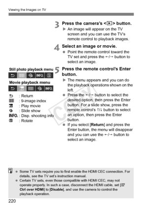 Page 220Viewing the Images on TV
220
3Press the camera’s  button.
XAn image will appear on the TV 
screen and you can use the TV’s 
remote control to playback images.
4Select an image or movie.
  Point the remote control toward the 
TV set and press the /  button to 
select an image.
5Press the remote control’s Enter 
button.
X The menu appears and you can do 
the playback operations shown on the 
left.
  Press the  / button to select the 
desired option, then press the Enter 
button. For a slide show, press...