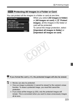 Page 223223
K Protecting Images
You can protect all the images in a folder or card at one time.
When you select [All images in folder ] 
or [ All images on card ] in [3 Protect 
images ], all the images in the folder or 
card will be protected.
To cancel the image protection, select 
[Unprotect all images in folder ] or 
[Unprotect all images on card ].
3 Protecting All Images in a Folder or Card
If you format the card  (p.45), the protected images will also be erased.
 Movies can also be protected.
  Once an...