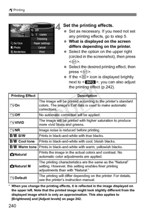 Page 240wPrinting
240
4Set the printing effects.
 Set as necessary. If you need not set 
any printing effects, go to step 5.
  What is displayed on the screen 
differs depending on the printer.
  Select the option on the upper right 
(circled in the screenshot), then press 
.
  Select the desired printing effect, then 
press < 0>.
  If the < e> icon is displayed brightly 
next to < x>, you can also adjust 
the printing effect (p.242).
* When you change the printing effects, it  is reflected in the image...