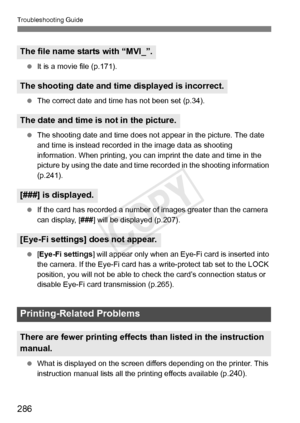 Page 286Troubleshooting Guide
286
 It is a movie file (p.171).
  The correct date and time has not been set (p.34).
  The shooting date and time does not  appear in the picture. The date 
and time is instead recorded  in the image data as shooting 
information. When printing, you can  imprint the date and time in the 
picture by using the date and time recorded in the shooting information \
(p.241).
  If the card has recorded a number of images greater than the camera 
can display, [ ###] will be displayed...