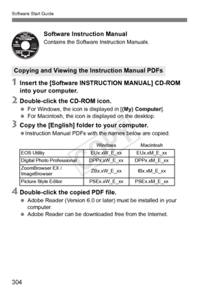 Page 304Software Start Guide
304Software Instruction Manual
Contains the Software Instruction Manuals.
1Insert the [Software INSTRUCTION MANUAL] CD-ROM 
into your computer.
2Double-click the CD-ROM icon.
 
For Windows, the icon is displayed in [ (My) Computer].
  For Macintosh, the icon is  displayed on the desktop.
3Copy the [English] folder to your computer.
 Instruction Manual PDFs with  the names below are copied.
4Double-click the copied PDF file.
 Adobe Reader (Version 6.0 or later) must be installed in...