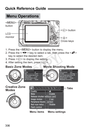 Page 306306
Quick Reference Guide
 
button
LCD 
monitor 
Cross keys  button
1. Press the  button to display the menu.
2. Press the  key to select a tab, then press the < V> 
key to select the desired item.
3. Press  to display the setting.
4. After setting the item, press .
Menu Operations
Ta b s
Menu settings
Menu itemsCreative Zone 
Modes Basic Zone Modes Movie Shooting Mode
COPY  