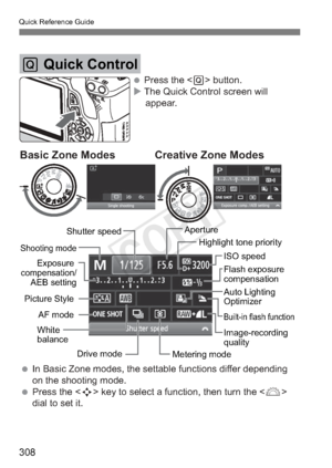 Page 308Quick Reference Guide
308
Q Quick Control
 Press the  button. The Quick Control screen will  appear.
Shutter speed Aperture
Highlight tone priority
ISO speed
Picture Style Exposure 
compensation/AEB setting
Shooting mode
Flash exposure 
compensation
Built-in flash function
White 
balance
Drive mode Auto Lighting 
Optimizer
AF mode
Metering modeImage-recording
quality
 In Basic Zone modes, the settable functions differ depending 
on the shooting mode.
 Press the  key to select a function, then turn...