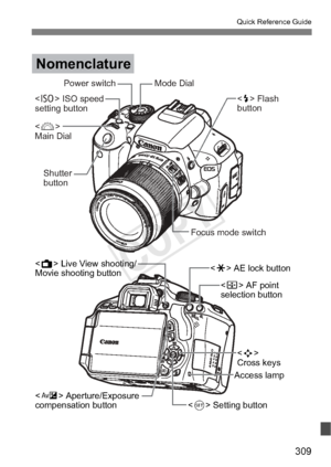 Page 309309
Quick Reference Guide
Access lamp
 Aperture/Exposure
compensation button  Live View shooting/
Movie shooting button  AF point
selection button
 AE lock button
 Setting button  
Cross keys
Nomenclature
Focus mode switch
Shutter 
button Mode Dial
Power switch
 ISO speed
setting button  Flash
button
 
Main Dial
COPY  