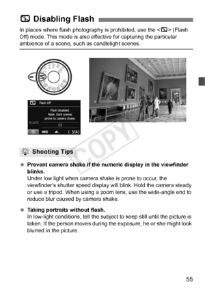 Page 5555
In places where flash photography is prohibited, use the  (Flash 
Off) mode. This mode is also effe ctive for capturing the particular 
ambience of a scene, such as candlelight scenes.
 Prevent camera shake if the numer ic display in the viewfinder 
blinks.
Under low light when camera shake is prone to occur, the 
viewfinder’s shutter speed display will blink. Hold the camera steady 
or use a tripod. When using a zoom  lens, use the wide-angle end to 
reduce blur caused by camera shake.
  Taking...