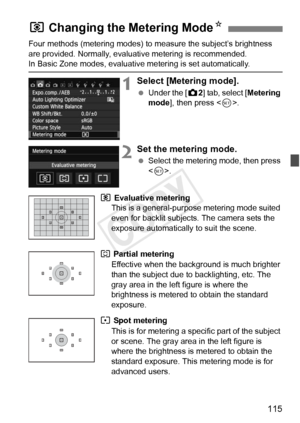 Page 115115
Four methods (metering modes) to measure the subject’s brightness 
are provided. Normally, evaluative metering is recommended.
In Basic Zone modes, evaluative metering is set automatically.
1Select [Metering mode].
  Under the [ z2] tab, select [Metering 
mode ], then press < 0>.
2Set the metering mode.
  Select the metering mode, then press 
.
q Evaluative metering 
This is a general-purpose metering mode suited 
even for backlit subjects. The camera sets the 
exposure automatically to suit the...