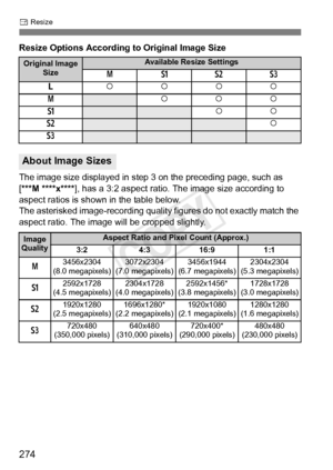 Page 274274
S Resize
Resize Options According to Original Image Size
The image size displayed in step 3 on the preceding page, such as 
[***M ****x**** ], has a 3:2 aspect ratio. The image size according to 
aspect ratios is shown in the table below.
The asterisked image-recording qualit y figures do not exactly match the 
aspect ratio. The image  will be cropped slightly.
Original Image 
SizeAvailable Resize Settings
4 abc
3 kkkk
4
kkk
a
kk
b
k
c
About Image Sizes
Image 
QualityAspect Ratio and Pixel Count...