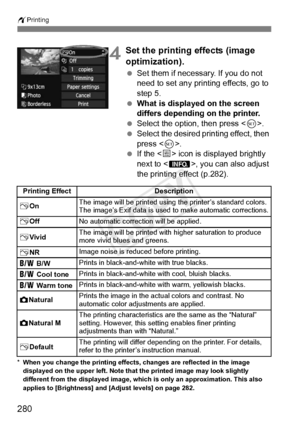 Page 280wPrinting
280
4Set the printing effects (image 
optimization).
 Set them if necessary. If you do not 
need to set any printing effects, go to 
step 5.
  What is displayed on the screen 
differs depending on the printer.
  Select the option, then press < 0>.
  Select the desired printing effect, then 
press < 0>.
  If the < e> icon is displayed brightly 
next to < z>, you can also adjust 
the printing effect (p.282).
* When you change the printing effects, changes are reflected in the image 
displayed on...