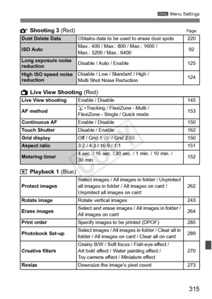 Page 315315
3 Menu Settings
 Shooting 3  (Red)Page
A Live View Shooting  (Red)
 Playback 1  (Blue)
Dust Delete DataObtains data to be used to erase dust spots220
ISO AutoMax.: 400 / Max.: 800 / Max.: 1600 / 
Max.: 3200 / Max.: 640092
Long expos ure noise 
reductionDisable / Auto / Enable125
High ISO speed noise 
reductionDisable / Low / Standard / High / 
Multi Shot Noise Reduction124
Live View shooting
Enable / Disable145
AF method
u +Tracking / FlexiZone - Multi / 
FlexiZone - Single / Quick mode153
Continuous...