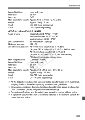 Page 339339
Specifications
Image Stabilizer: Lens shift type
Filter size: 58 mm
Lens cap: E-58
Max. diameter x length: Approx. 68.5 x 70 mm / 2.7 x 2.8 in.
Weight: Approx. 200 g / 7.1 oz.
Hood: EW-60C (sold separately)
Case: LP814 (sold separately)
• EF-S18-135mm f/3.5-5.6 IS STMAngle of view: Diagonal extent: 74°20’ - 11°30’ Horizontal extent: 64°30’ - 9°30’
Vertical extent: 45°30’ - 6°20’
Lens construction: 16 el ements in 12 groups
Minimum aperture: f/22 - 36
Closest focusing distance*: At 18 mm focal length...