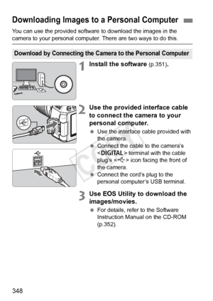 Page 348348
You can use the provided software to download the images in the 
camera to your personal computer. There are two ways to do this.
1Install the software (p.351).
2Use the provided interface cable 
to connect the camera to your 
personal computer.
 Use the interface cable provided with 
the camera.
  Connect the cable to the camera’s 
 terminal with the cable 
plug’s < D> icon facing the front of 
the camera.
  Connect the cord’s plug to the 
personal computer’s USB terminal.
3Use EOS Utility to...