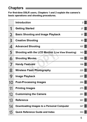 Page 55
For first-time DSLR users, Chapters 1 and 2 explain the camera’s 
basic operations and shooting procedures.
Chapters
Introduction2
Getting Started27
Basic Shooting and Image Playback57
Creative Shooting83
Advanced Shooting107
Shooting with the LCD Monitor (Live View Shooting)143
Shooting Movies169
Handy Features199
Wireless Flash Photography225
Image Playback237
Post-Processing Images269
Printing Images275
Customizing the Camera291
Reference301
Downloading Images to a Personal Computer347
Quick...