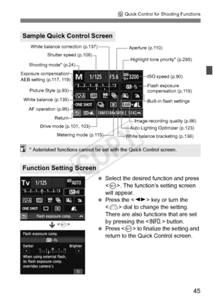 Page 4545
Q Quick Control for Shooting Functions
  Select the desired function and press 
. The function’s setting screen 
will appear.
  Press the < U> key or turn the 
< 6 > dial to change the setting. 
There are also functions that are set 
by pressing the < B> button.
  Press < 0> to finalize the setting and 
return to the Qu ick Control screen.
Sample Quick Control Screen
Function Setting Screen
Shutter speed (p.108)
AF operation (p.95)
White balance (p.135) Shooting mode* (p.24)
Highlight tone priority*...