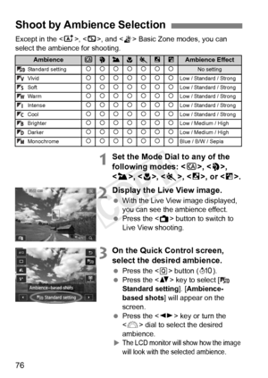 Page 7676
Except in the , < 7>, and < G> Basic Zone modes, you can 
select the ambience for shooting.
1Set the Mode Dial to any of the 
following modes: < C>, < 2>, 
< 3 >, , , , or < F>.
2Display the Live View image.
  With the Live View image displayed, 
you can see the ambience effect.
  Press the < A> button to switch to 
Live View shooting.
3On the Quick Control screen, 
select the desired ambience.
  Press the < Q> button ( 7).
  Press the < V> key to select [  
Standard setting ]. [Ambience-
based shots...