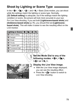 Page 7979
In the , < 3>, < 4>, and < 5> Basic Zone modes, you can shoot 
while the settings match the lighting or scene type. Normally, 
[ Default setting ] is adequate, but if the settings match the lighting 
condition or scene, the picture will  look more accurate to your eye.
For Live View shooting, if you set both [ Light/scene-based shots] and 
[Ambience-based shots ] (p.76), you should first set [ Light/scene-
based shots ]. This will make it easier to see the resulting effect on the 
LCD monitor.
1Set...