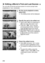 Page 252252
You can edit out the first and last scenes of a movie (except video 
snapshots) in 1-sec. increments.
1On the movie playback screen, 
select [X].
X The editing screen will be displayed.
2Specify the part to be edited out.
  Select either [ U] (Cut beginning) or 
[V ] (Cut end), then press < 0>.
  Press the < U> key to see the 
previous or next frames. Holding it 
down will fast forward the frames.
  After deciding which part to edit out, 
press < 0>. The portion highlighted 
in blue on the top of the...