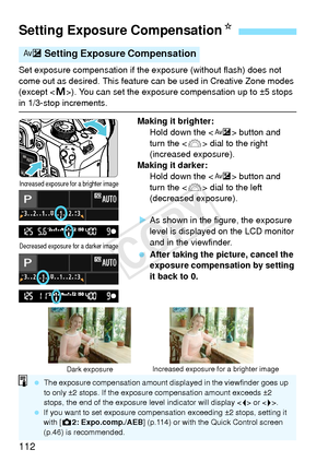Page 112112
Set exposure compensation if the exposure (without flash) does not 
come out as desired. This feature can be used in Creative Zone modes 
(except < a>). You can set the exposure compensation up to ±5 stops 
in 1/3-stop increments.
Making it brighter:Hold down the < O> button and 
turn the < 6> dial to the right 
(increased exposure).
Making it darker:
Hold down the < O> button and 
turn the < 6> dial to the left 
(decreased exposure).
X As shown in the figure, the exposure 
level is displayed on the...