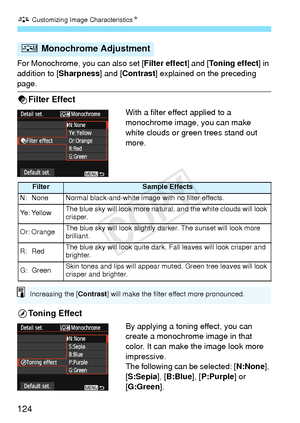 Page 124A Customizing Image Characteristics N
124
For Monochrome, you can also set [ Filter effect] and [Toning effect ] in 
addition to [Sharpness] and [Contrast ] explained on the preceding 
page.
kFilter Effect
With a filter effect applied to a 
monochrome image, you can make 
white clouds or green trees stand out 
more. 
lToning Effect
By applying a toning effect, you can 
create a monochrome image in that 
color. It can make the image look more 
impressive.
The following can be selected: [ N:None],...