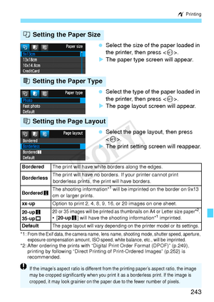 Page 243243
w Printing
 Select the size of the paper loaded in 
the printer, then press < 0>.
X The paper type screen will appear.
  Select the type of the paper loaded in 
the printer, then press < 0>.
X The page layout screen will appear.
  Select the page layout, then press 
.
X The print setting screen will reappear.
*1:From the Exif data, the camera name, lens name, shooting mode, shutter speed, aperture, 
exposure compensation amount, ISO speed, white balance, etc., will be imprinted.
*2: After ordering...