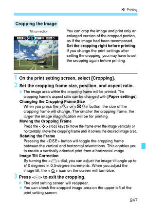 Page 247247
w Printing
You can crop the image and print only an 
enlarged version of the cropped portion, 
as if the image had been recomposed.
Set the cropping right before printing. 
If you change the print settings after 
setting the cropping, you may have to set 
the cropping again before printing.
1 On the print setting screen, select [Cropping].
2 Set the cropping frame size, position, and aspect ratio.
 The image area within the cropping  frame will be printed. The 
cropping frame’s aspect ratio can be...