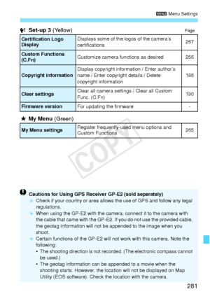 Page 281281
3 Menu Settings
  Set-up 3  (Yellow)Page
9 My Menu  (Green)
Certification Logo 
DisplayDisplays some of the logos of the camera’s 
certifications267
Custom Functions 
(C.Fn)Customize camera functions as desired256
Copyright informationDisplay copyright information / Enter author’s 
name / Enter copyright details / Delete 
copyright information186
Clear settingsClear all camera settings / Clear all Custom 
Func. (C.Fn)190
Firmware versionFor updating the firmware-
My Menu settingsRegister...