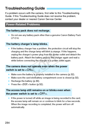 Page 284284
If a problem occurs with the camera, first refer to this Troubleshooting 
Guide. If this Troubleshooting Guide does not resolve the problem, 
contact your dealer or nearest Canon Service Center.
  Do not use any battery pack other than a genuine Canon Battery Pack 
LP-E10.
  If the battery charger has a problem, the protection circuit will stop the 
charging and the charge lamp will blink in orange. If this happens, 
unplug the charger’s power plug from the power outlet and detach the 
battery pack....