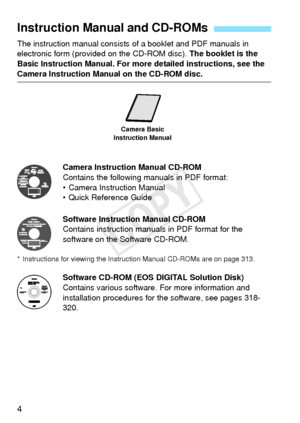 Page 44
The instruction manual consists of a booklet and PDF manuals in 
electronic form (provided  on the CD-ROM disc). The booklet is the 
Basic Instruction Manual. For more detailed instructions, see the 
Camera Instruction Manual on the CD-ROM disc.
Camera Instruction Manual CD-ROM
Contains the following manuals in PDF format:
• Camera Instruction Manual
• Quick Reference Guide
Software Instruction Manual CD-ROM
Contains instruction manuals in PDF format for the 
software on the Software CD-ROM.
*...