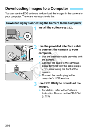 Page 316316
You can use the EOS software to download the images in the camera to your computer. There are two ways to do this.
1Install the software (p.320).
2Use the provided interface cable 
to connect the camera to your 
computer.
 Use the interface cable provided with 
the camera.
  Connect the cable to the camera’s 
digital terminal with the cable plug’s 
 icon facing the front of the 
camera.
  Connect the cord’s plug to the 
computer’s USB terminal.
3Use EOS Utility to download the 
images.
 For details,...