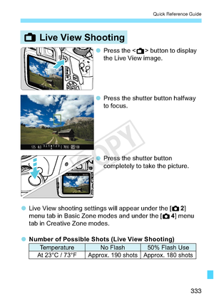 Page 333333
Quick Reference Guide
/LYH9LHZ6KRRWLQJ

5 3UHVVWKH
!EX
WWRQWRGLVSOD\
WKH/LYH9LHZLPDJH

5 3UHVVWKHVKXWWHUEXWWRQKDOI ZD\
WRI

RFXV

5 3UHVVWKHVKXWWHUEXWWRQ
FR

PSOHWHO\WRWDNHWKHSLFWXUH

5 /LYH9LHZVKRRWLQJVHWWLQJVZLOODSSHDUXQGHUWKH>
.
@
P H

QXWDELQ%DVLF=RQHPRGHVDQGXQGHUWKH> .
@PHQX
WDELQ&UHDWLYH=RQHPRGHV

5 1XPEHURI3RVVLEOH6KRWV/LYH9LHZ6KRRWLQJ
7HPSHUDWXUH 1R)ODVK )ODVK8VH
$W