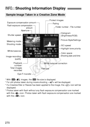 Page 270270
* With 1+73  images, the  1 file size is displayed.
* For still photos taken during movie shooting, < G> will be displayed.
* If a Creative filter or Resize has been applied to the image, the < u> icon will be 
displayed.
* Photos taken with flash without any  flash exposure compensation are marked 
with the < > icon. Photos taken with flash exposure compensation are marked 
with the < y> icon.
B : Shooting Information Display
Sample Image Taken in a Creative Zone Mode
Flash exposure compensation...