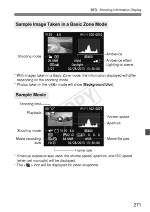 Page 271271
B: Shooting Information Display
* With images taken in a Basic Zone mode, the information displayed will differ 
depending on the shooting mode.
* Photos taken in the < C> mode will show [ Background blur].
* If manual exposure was used, the shutter speed, aperture, and ISO speed  (when set manually) will be displayed.
* The < > icon will be displayed for video snapshots.
Sample Image Taken in a Basic Zone Mode
Sample Movie
Ambience effect
Lighting or sceneShooting modeAmbience
Shooting mode
Movie...