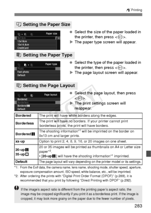 Page 283283
wPrinting
 Select the size of the paper loaded in 
the printer, then press < 0>.
X The paper type screen will appear.
  Select the type of the paper loaded in 
the printer, then press < 0>.
X The page layout screen will appear.
  Select the page layout, then press 
.
X The print settings screen will 
reappear.
*1:From the Exif data, the camera name, lens  name, shooting mode, shutter speed, aperture, 
exposure compensation amount, ISO speed, white balance, etc., will be imprinted.
*2: After ordering...