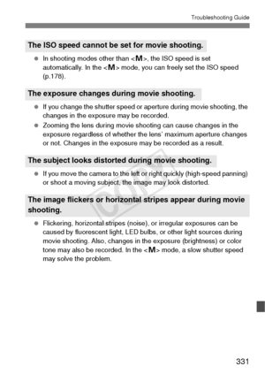 Page 331331
Troubleshooting Guide
 In shooting modes other than < a>, the ISO speed is set 
automatically. In the < a> mode, you can freely set the ISO speed 
(p.178).
  If you change the shutter speed or aperture during movie shooting, the 
changes in the exposure may be recorded.
  Zooming the lens during movie shooting can cause changes in the 
exposure regardless of whether the lens’ maximum aperture changes 
or not. Changes in the exposure may be recorded as a result.
  If you move the camera to the left or...