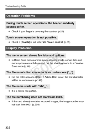 Page 332Troubleshooting Guide
332
 Check if your finger is covering the speaker (p.21).
  Check if [Enable ] is set with [53: Touch control] (p.55).
  In Basic Zone modes and in movie shooting mode, certain tabs and 
menu options are not displayed. Set the shooting mode to a Creative 
Zone mode (p.46).
  Set the color space to sRGB. If Adobe RGB is set, the first character 
will be an underscore (p.141).
  It is a movie file (p.209).
  If the card already contains recorded images, the image number may 
not start...