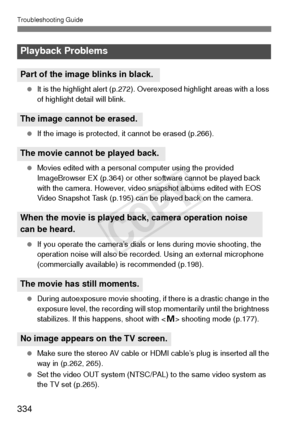 Page 334Troubleshooting Guide
334
 It is the highlight alert (p.272). Overexposed highlight areas with a loss 
of highlight detail will blink.
  If the image is protected, it cannot be erased (p.266).
  Movies edited with a personal computer using the provided 
ImageBrowser EX (p.364) or other software cannot be played back 
with the camera. However, video snapshot albums edited with EOS 
Video Snapshot Task (p.195) can be played back on the camera.
  If you operate the camera’s dials or lens during movie...